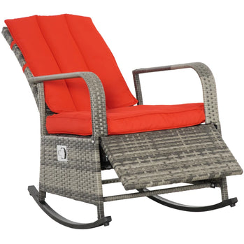 Chaise à bascule d'extérieur en osier avec coussin, chaise inclinable en rotin PE avec repose-pieds réglable, accoudoirs, rouge