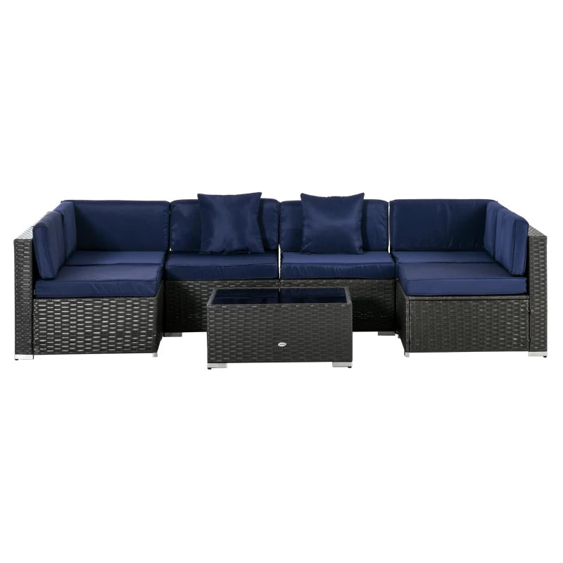 Ensemble de meubles de patio 7 pièces, ensemble de conversation en plein air en rotin, ensemble de canapé de jardin en osier, meubles sectionnels, bleu marine