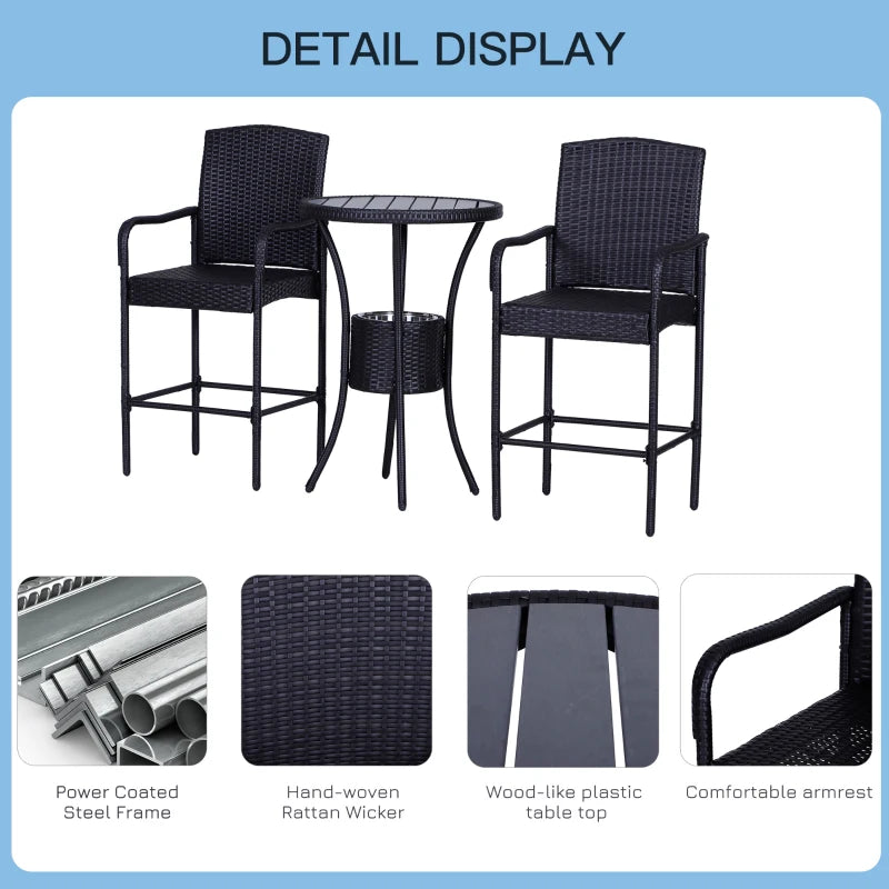 Ensemble de bar de patio 3 pièces, table de bistro en rotin et chaises hautes, mobilier de conversation d'extérieur en osier de jardin avec seau à glace, ensemble de conversation, marron