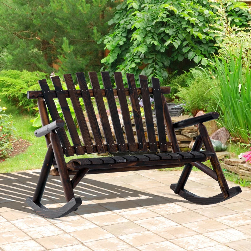 Chaise à bascule Adirondack en bois, chaise à bascule double rustique d'extérieur avec design à lattes pour 2 personnes, convient pour jardin, balcon, porche, carbonisé