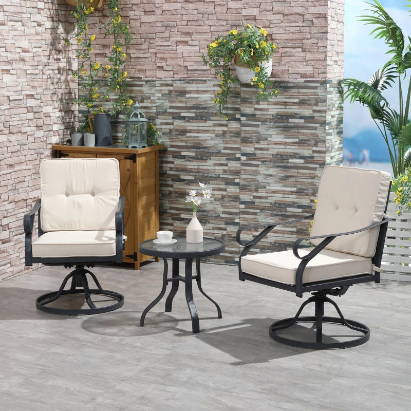 Ensemble de bistro d'extérieur 3 pièces, 2 chaises à bascule pivotantes et 1 table ronde en verre trempé avec coussin, mobilier de cour, de pelouse, de porche et de jardin, blancCouleur