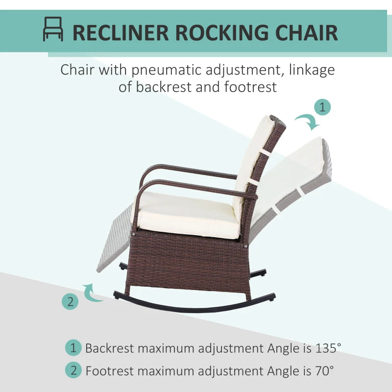 Chaise à bascule d'extérieur en osier avec coussin, chaise inclinable en rotin PE avec repose-pieds réglable, accoudoirs, blanc crème