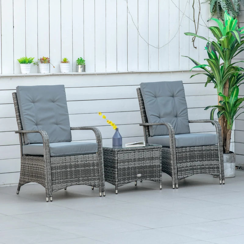 Ensemble de meubles de patio d'extérieur en rotin PE, ensemble de bistro avec coussins, plateau en verre trempé pour balcon, piscine, gris, 3 pièces