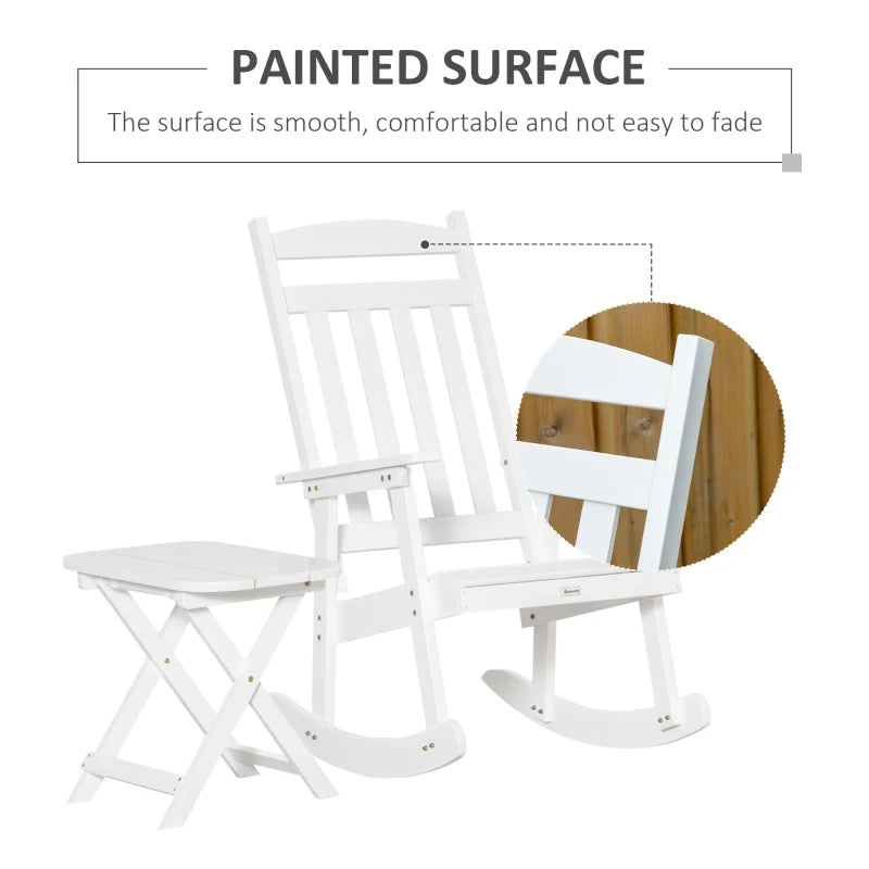 Chaise à bascule en bois avec table, ensemble à bascule d'extérieur avec fauteuil à dossier haut et table d'appoint pliable pour cour, jardin, porche, blanc