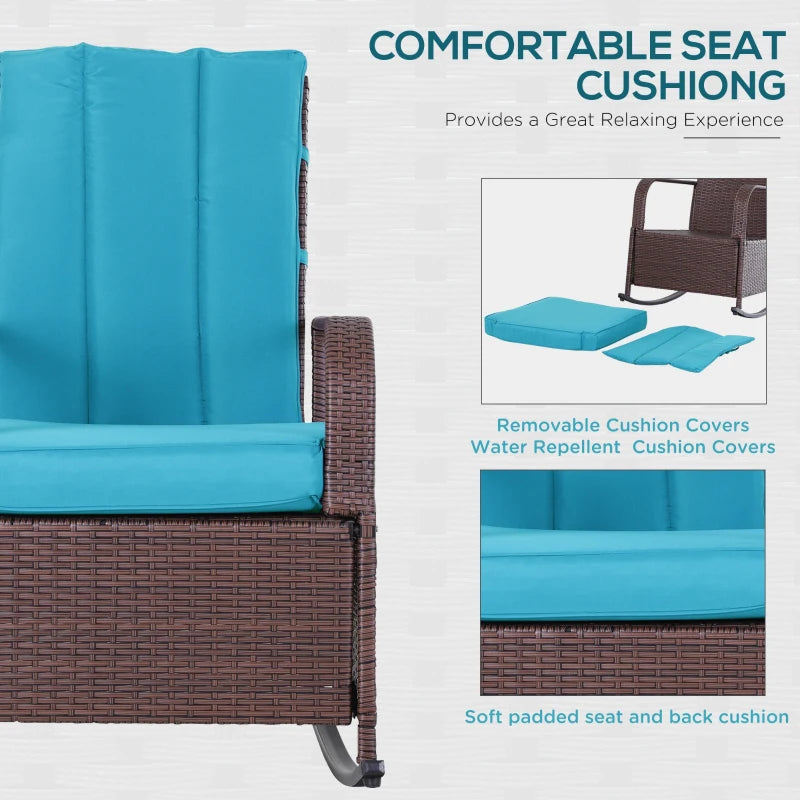 Chaise à bascule d'extérieur en osier, fauteuil inclinable en rotin PE avec coussin, repose-pieds réglable, accoudoirs, Turquoise