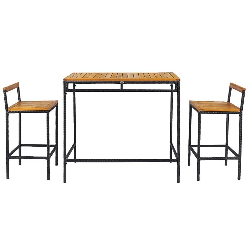 Ensemble de bar en osier 3 pièces, chaise de bar de patio avec plateau en bois d'acacia, 43,3" x 23,6" x 39,4", marron foncé