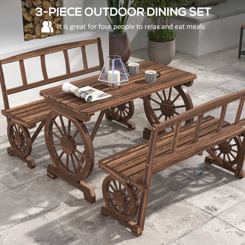 Table et chaises de Patio en bois pour 4 personnes, 3 pièces, roues de chariot, conception pour porche, cour, balcon, carbonisées