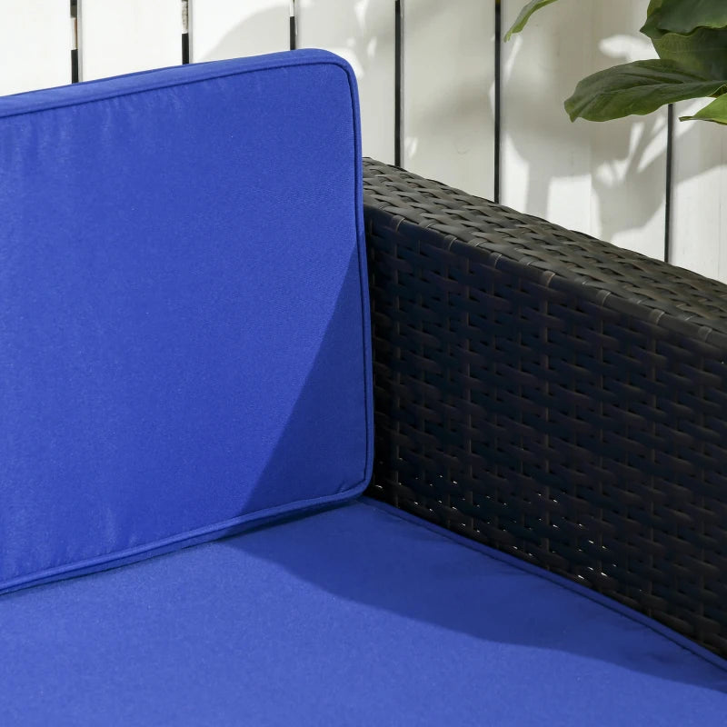 Ensemble de meubles de patio 3 pièces avec coussins, ensemble de canapé d'angle de conversation en osier et rotin PE avec table en verre et pied réglable pour jardin, pelouse, bleu