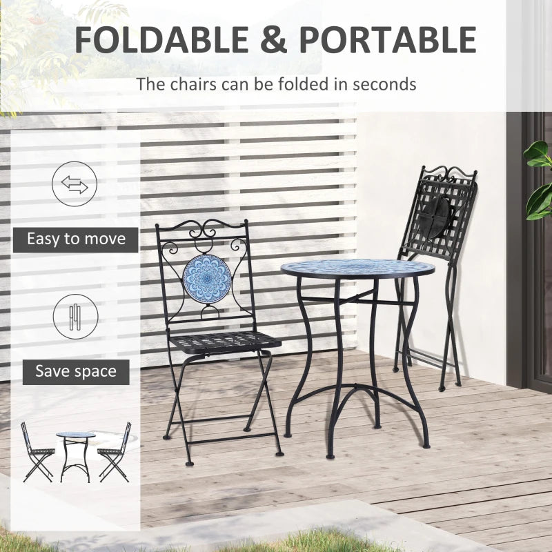 Ensemble de bistro extérieur 3 pièces, table basse de jardin avec plateau en mosaïque pour patio, balcon, bord de piscine, noir