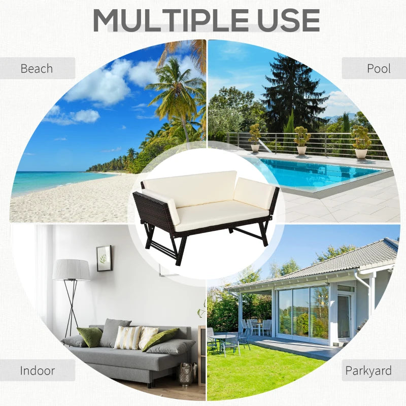 Canapé-lit convertible en rotin, chaise longue, causeuse en osier, fauteuil double avec coussin, meubles de patio toutes saisons, marron