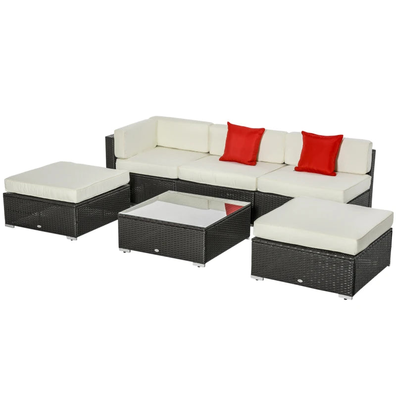 Ensemble de meubles de patio en osier 6 pièces avec coussins épais, ensemble de canapé de conversation sectionnel en rotin PE résistant aux intempéries avec table en verre, beige