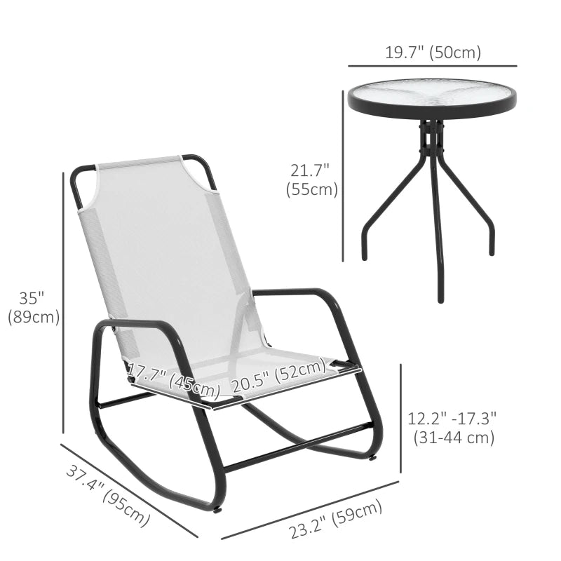 Ensemble de 2 chaises à bascule de patio, ensemble de bistro de patio 3 pièces avec cadre en métal, siège en tissu maillé respirant pour jardin, terrasse, blanc