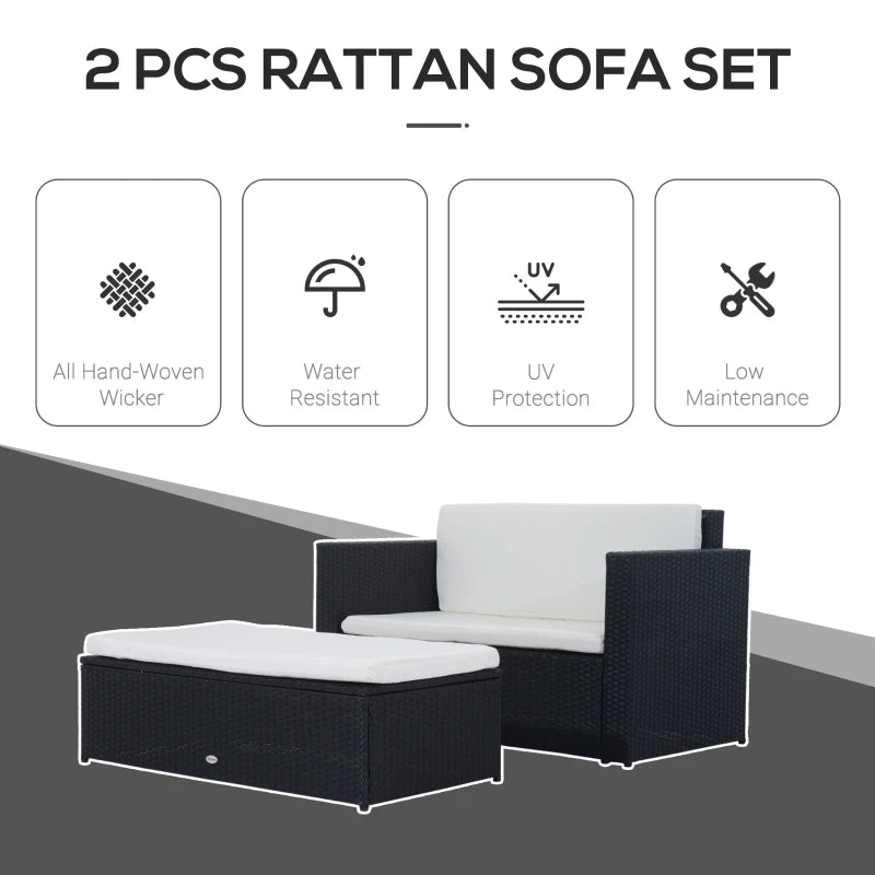 Ensemble de meubles de patio 2 pièces en osier avec repose-pieds double, ensemble de conversation d'extérieur en rotin PE avec causeuse et repose-pieds à deux places, blanc crème