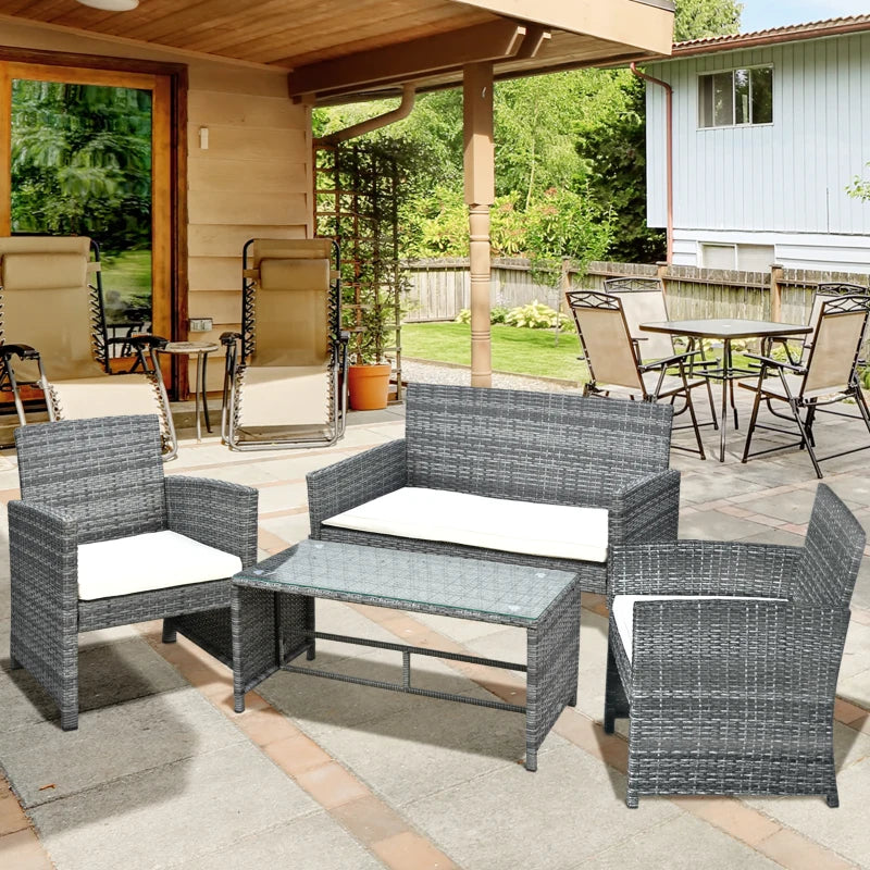 Ensemble de meubles de patio 4 pièces avec coussins, ensemble de canapé de conversation d'extérieur en rotin PE avec table basse et causeuse avec plateau en verre, pour jardin, balcon, blanc crème