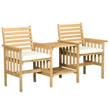 Causeuse d'extérieur en bois avec table centrale, ensemble table et chaises de jardin avec coussins et trou pour parasol, ensemble de meubles d'extérieur 2 places pour balcon, patio, marron