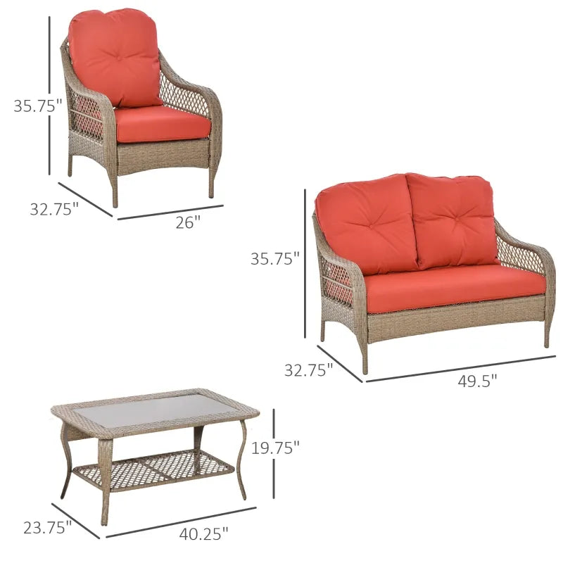 Mobilier de jardin 4 pièces, pelouse, piscine, arrière-cour, canapé d'extérieur, ensemble de conversation en osier avec coussins résistants aux intempéries et plateau en verre trempé, kaki et rouge