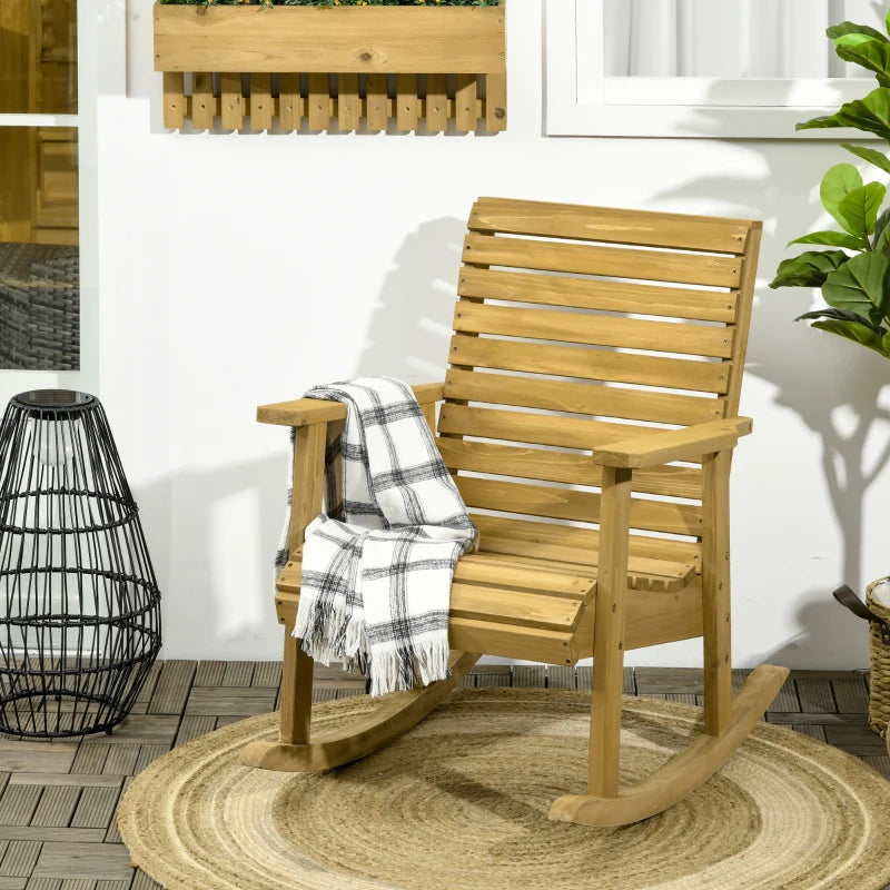 Chaise à bascule d'extérieur en bois, chaise à bascule traditionnelle pour patio, structure à lattes, bascule de porche avec accoudoirs pour l'extérieur et l'intérieur, marron clair