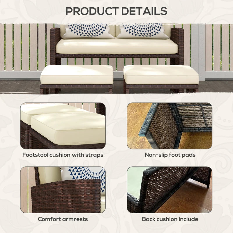 Meubles de patio en rotin PE 3 pièces avec coussins, ensembles de canapés de conversation d'extérieur en osier avec repose-pieds et deux oreillers, pour bord de piscine, arrière-cour, jardin, beige