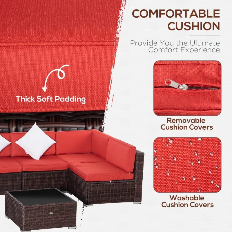 Ensemble de canapé de patio en osier 7 pièces, ensemble de meubles de conversation sectionnels en rotin PE avec table basse et coussin en verre trempé pour jardin, arrière-cour, rouge