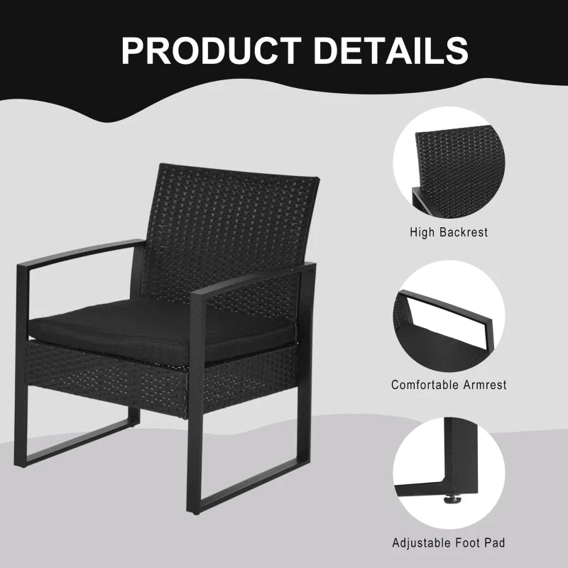 Ensemble de bistro en osier 3 pièces, mobilier d'extérieur en rotin, ensemble de conversation, table basse, chaise de jardin avec coussins et cadre en acier, noir