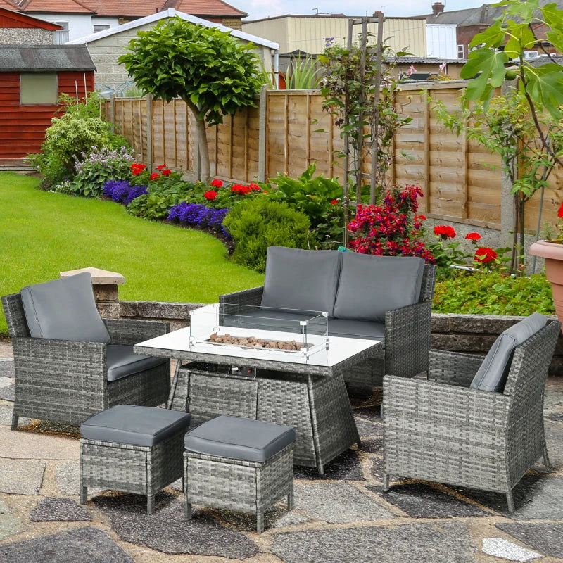 Ensemble de meubles de patio 6 pièces avec table de foyer à gaz de 50 000 BTU, table de salle à manger et chaises d'extérieur en rotin PE, ensemble de canapé de conversation sectionnel avec coussins, gris