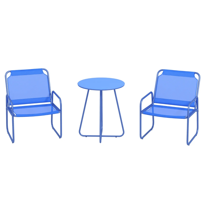 Ensemble de bistro d'extérieur 3 pièces, table et chaises de jardin avec tissu en maille respirante, fauteuils, table basse ronde avec dessus en métal, bleu marine