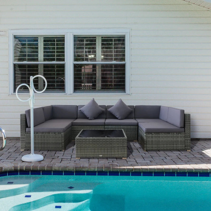 Ensemble sectionnel de jardin en osier 7 pièces avec table à thé, canapé de salon en rotin avec coussin, gris foncé