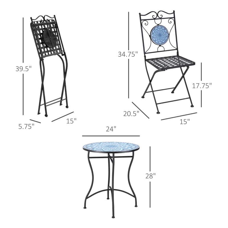 Ensemble de bistro extérieur 3 pièces, table basse de jardin avec plateau en mosaïque pour patio, balcon, bord de piscine, noir