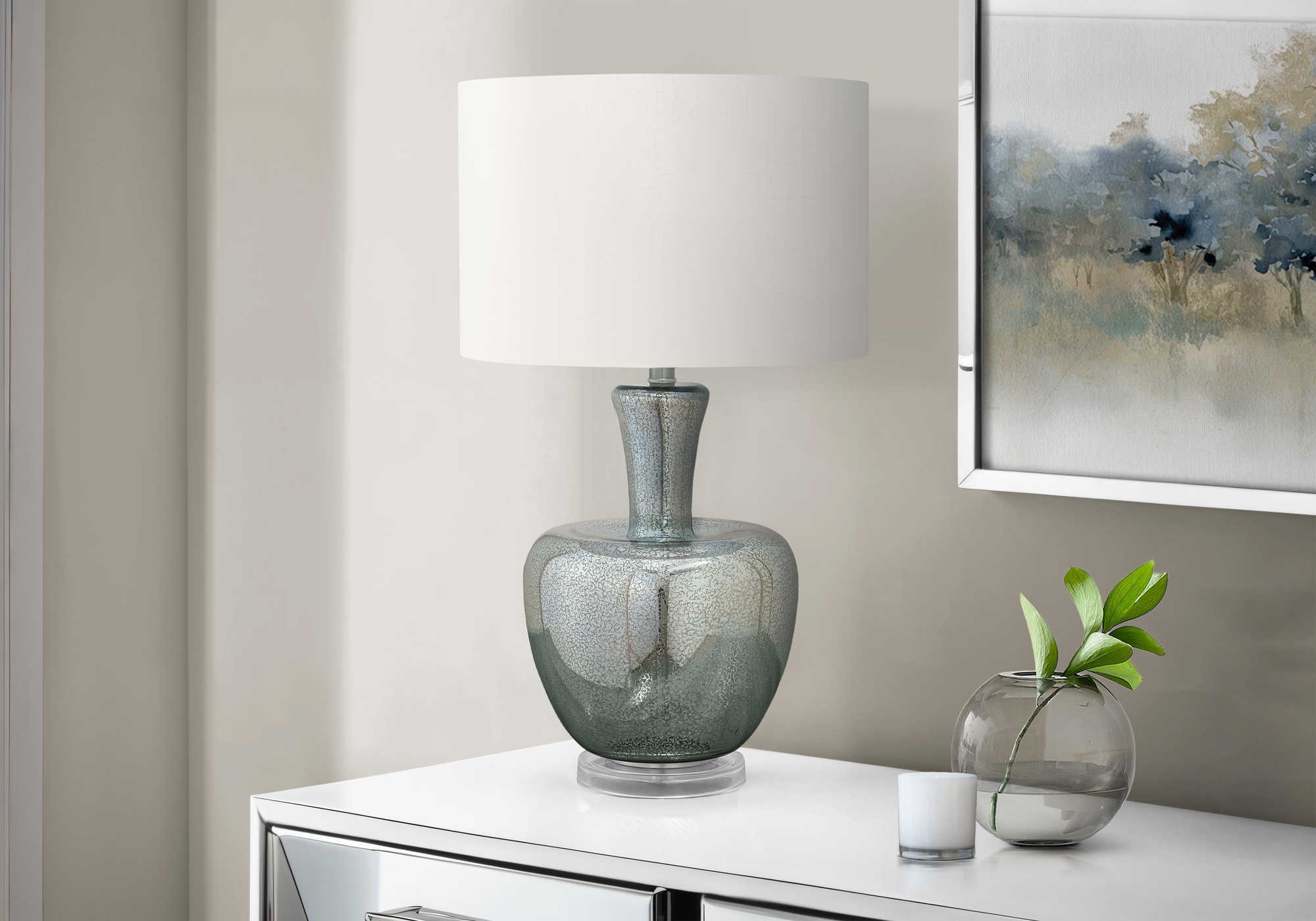 Lampe de table en verre vert d’eau de 26 po avec abat-jour en tissu ivoire :9898
