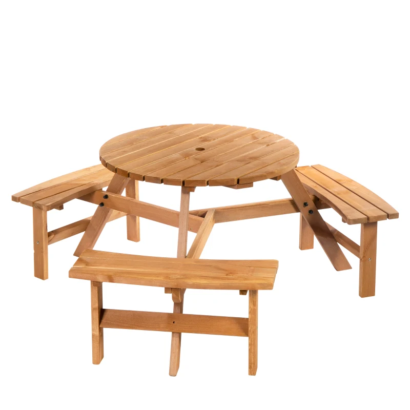Ensemble de banc de table de pique-nique rond pour 6 personnes avec trou pour parasol, table de patio en bois avec 3 bancs intégrés pour jardin, terrasse, arrière-cour, marron