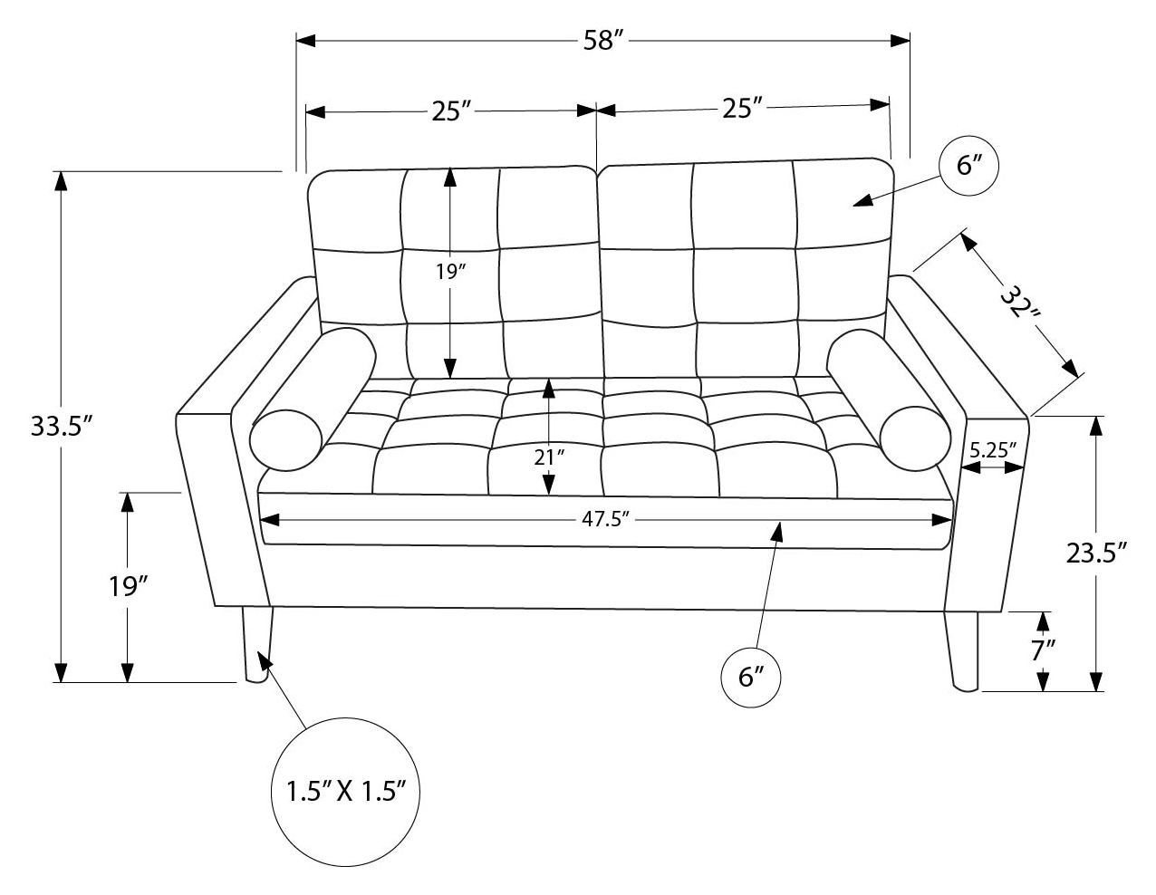 LOVE SEAT - 58"L WITH 2 PILLOWS / DARK GREY FABRIC #LUMOS-17 8J12L17
