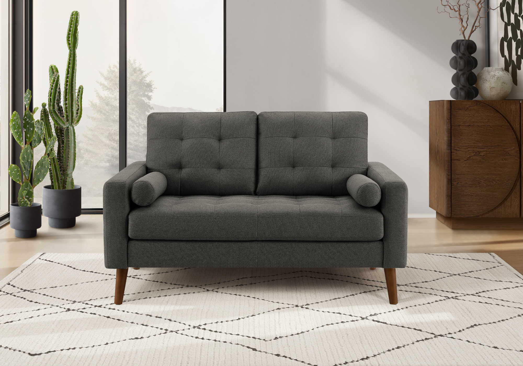 LOVE SEAT - 58"L WITH 2 PILLOWS / DARK GREY FABRIC #LUMOS-17 8J12L17