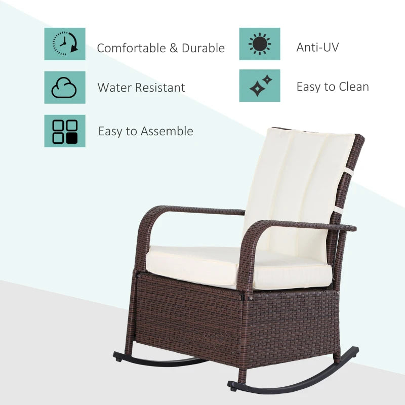 Chaise à bascule d'extérieur en osier avec coussin, chaise inclinable en rotin PE avec repose-pieds réglable, accoudoirs, blanc crème