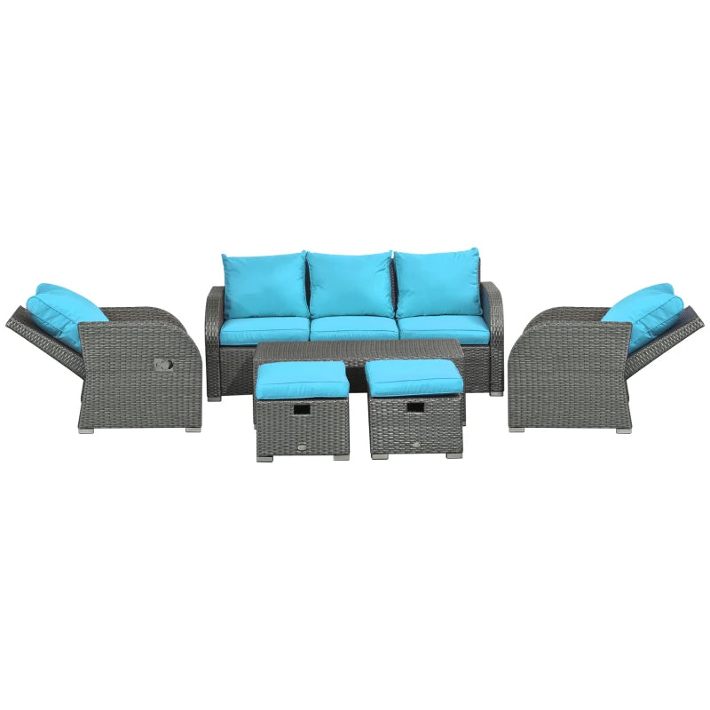 Ensemble de meubles de patio 6 pièces, ensemble de conversation en osier, canapé 3 places rembourrés en rotin, 2 fauteuils inclinables réglables, 2 repose-pieds et table pour pelouse, jardin, jardin, bleu ciel