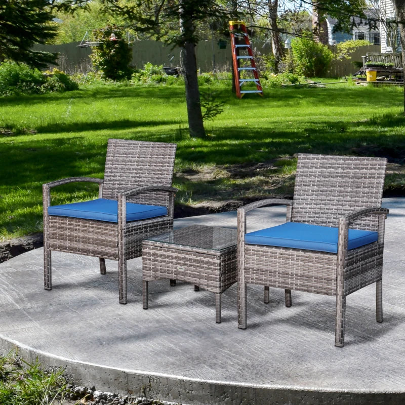 Ensemble de café en rotin et osier, 3 pièces, chaises et Table de jardin, mobilier d'extérieur, tous temps, avec coussin bleu