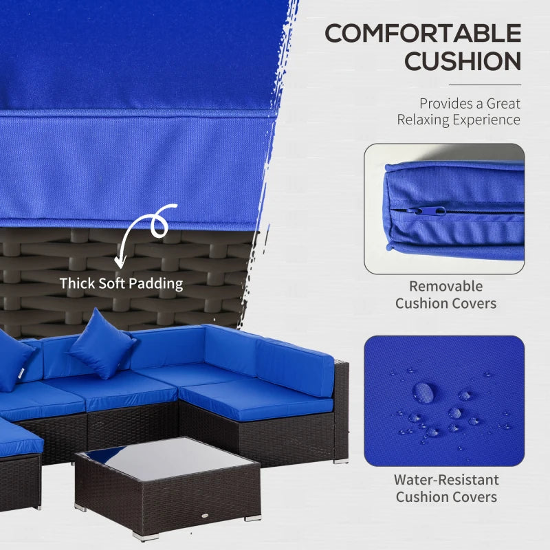 Ensemble de meubles d'extérieur en rotin 7 pièces, ensemble de canapé de conversation sectionnel en osier pour patio, bleu