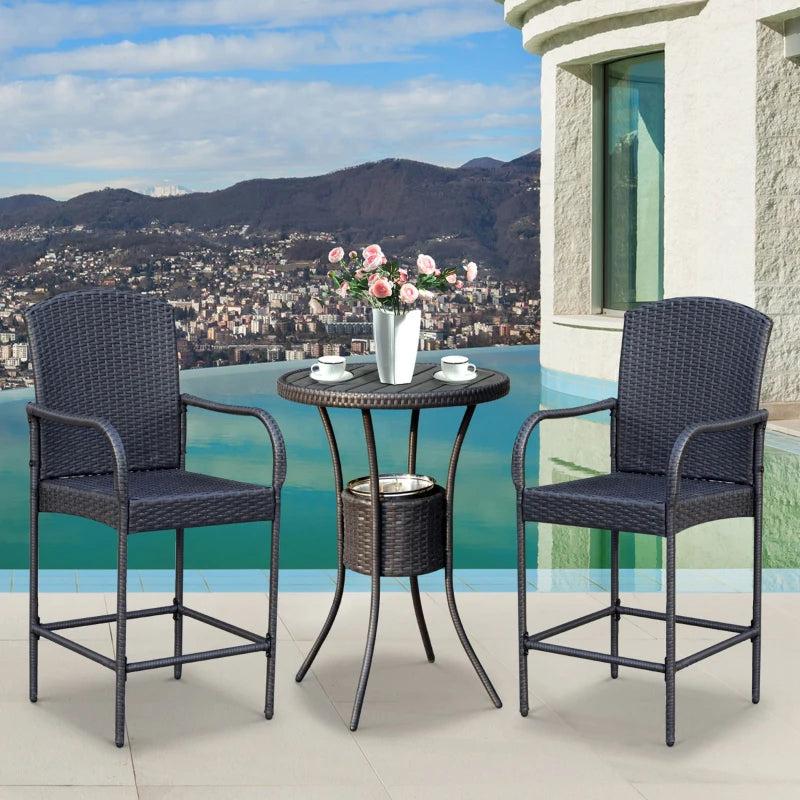 Ensemble de bar de patio 3 pièces, table de bistro en rotin et chaises hautes, mobilier de conversation d'extérieur en osier de jardin avec seau à glace, ensemble de conversation, marron