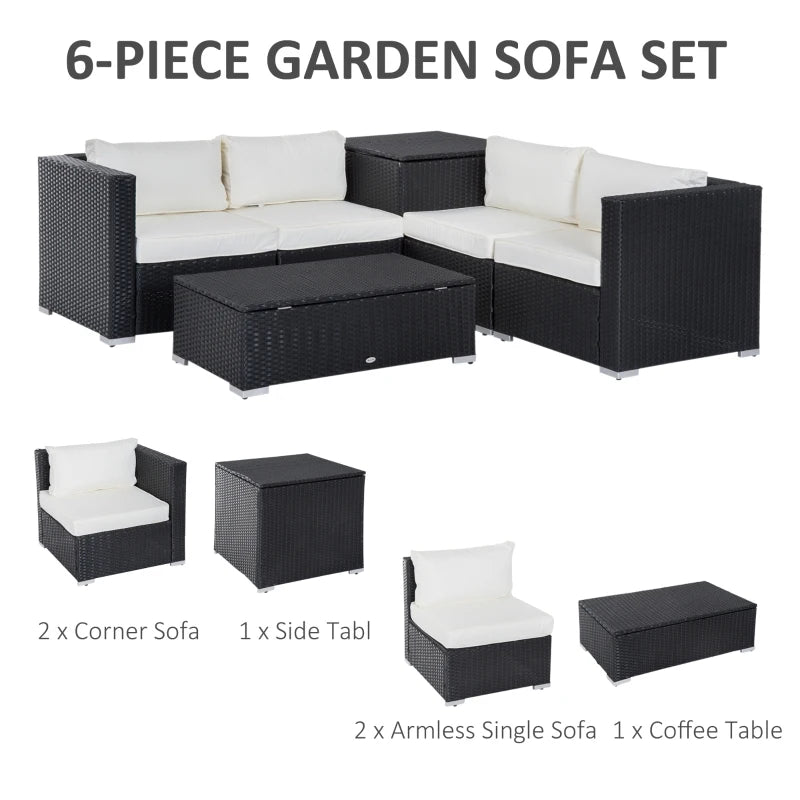 Ensemble de meubles de patio 6 pièces avec coussin, meubles de conversation sectionnels en osier et rotin PE, canapé avec table de rangement et table basse, beige