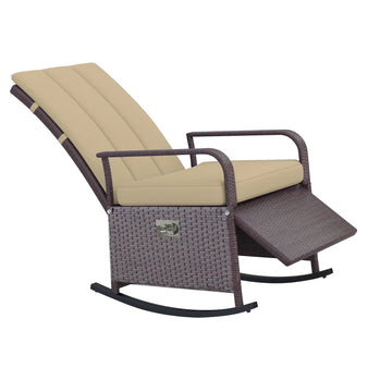 Chaise à bascule d'extérieur en osier, fauteuil inclinable en rotin PE avec coussin, repose-pieds réglable, accoudoirs, kaki