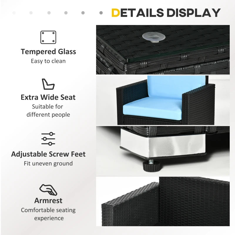 Ensemble de meubles de patio 4 pièces en osier avec coussins de 4 po d'épaisseur, ensemble de canapé de conversation d'extérieur en rotin PE avec table en verre et siège extra large, bleu ciel