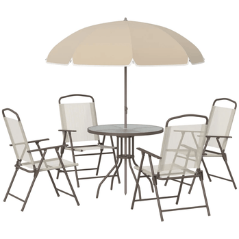 Ensemble de salle à manger d'extérieur 6 pièces pour 4 personnes, avec parasol, mobilier d'extérieur, Table ronde, 4 chaises pliantes, crème