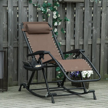 Chaise longue inclinable réglable 2 en 1 à gravité zéro, fauteuil de jardin inclinable et à bascule, chaise longue pliable, siège de sieste avec appui-tête et plateau marron