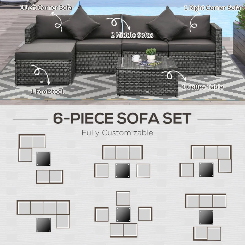 Ensemble de 6 meubles de patio en osier et rotin PE avec coussins épais, canapé sectionnel de jardin de luxe avec table en verre, gris mélangé et charbon de bois