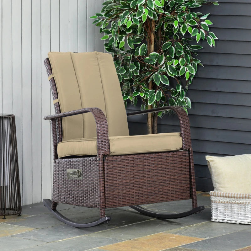 Chaise à bascule d'extérieur en osier, fauteuil inclinable en rotin PE avec coussin, repose-pieds réglable, accoudoirs, kaki