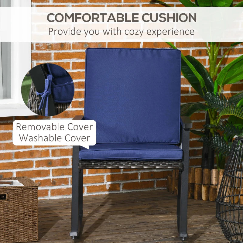 Chaise à bascule en osier pour patio, chaise à bascule d'extérieur en rotin PE avec dossier haut, accoudoir, coussin de siège, bleu