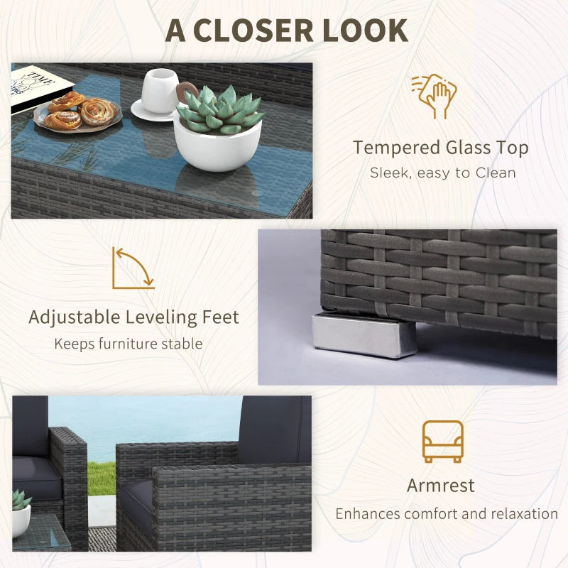 Mobilier d'extérieur avec table, meubles en osier avec causeuse et 2 chaises pour jardin, bord de piscine, gris