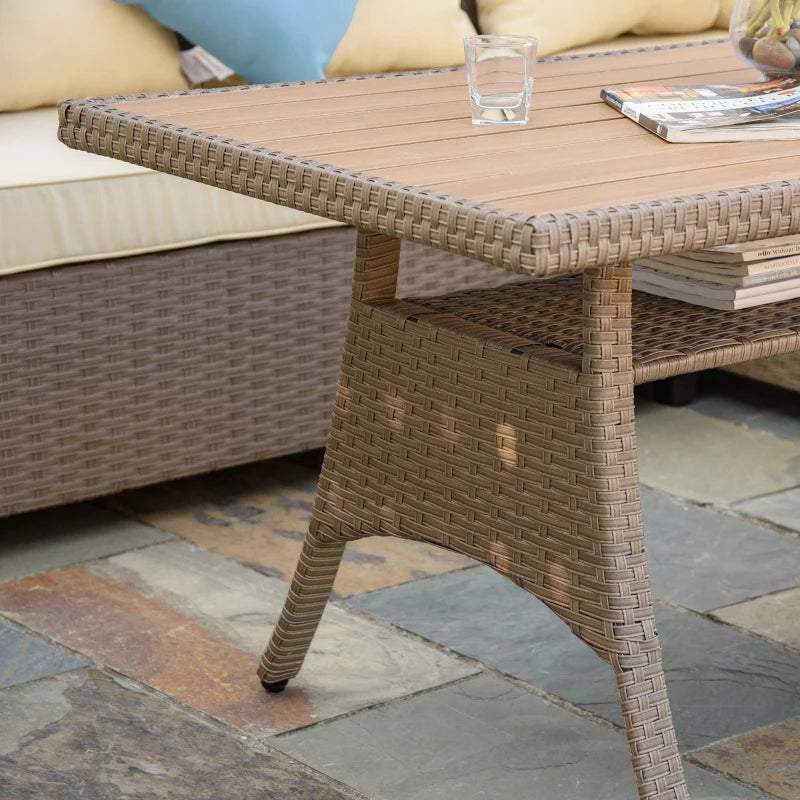 Ensemble de meubles de patio 6 pièces, ensemble de table à manger d'extérieur, ensemble de canapé en osier, meubles de conversation en rotin PE toutes saisons, avec table basse et coussins en plastique à grain de bois, kaki