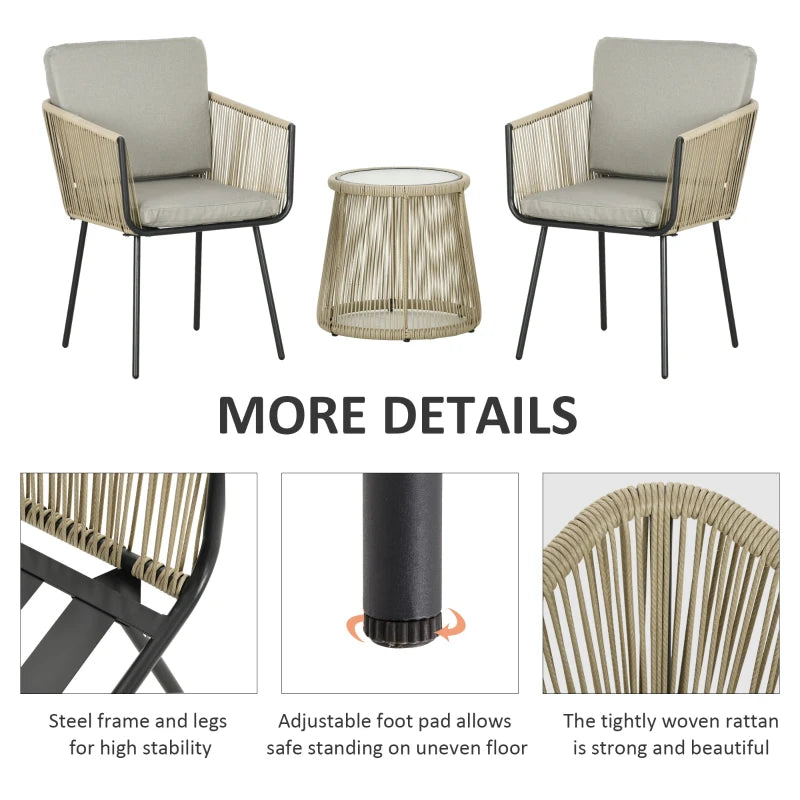 Ensemble de bistro de patio extérieur 3 pièces, meubles en rotin en osier avec pieds en métal pour jardin, cour, terrasse, gris clair
