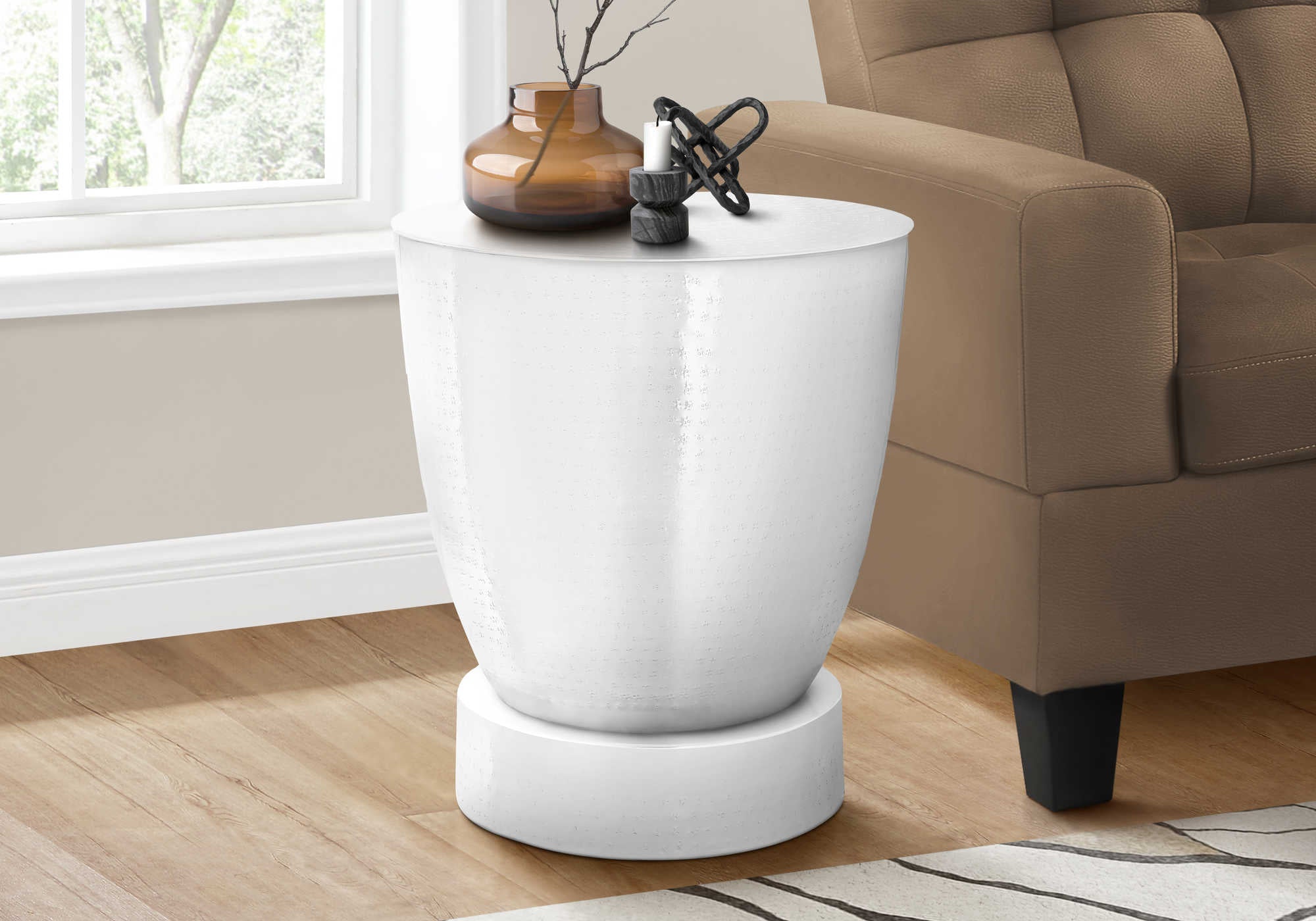 NIGHTSTAND - 22"H / WHITE TEXTURED IRON METAL DRUM END / I 3921