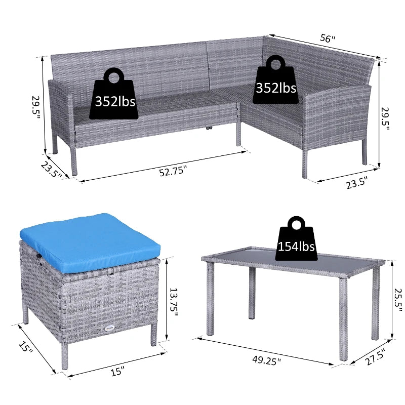 Ensemble de meubles de salle à manger de conversation de patio en osier 5 pièces avec coussins, table et poufs, bleu vif